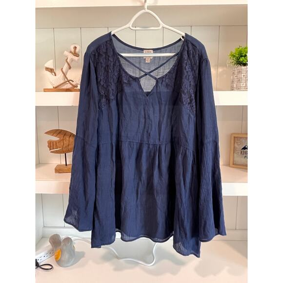 Como Vintage Navy Blue Boho Peasant Blouse 3X Crinkle Gauze Lace Accent - Picture 1 of 9